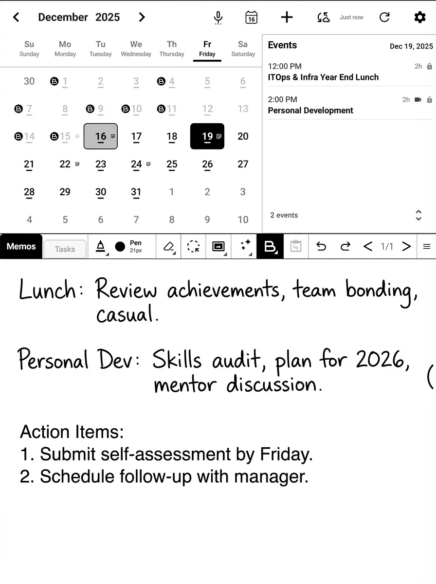 BooxDay Calendar with Memos and handwritten notes