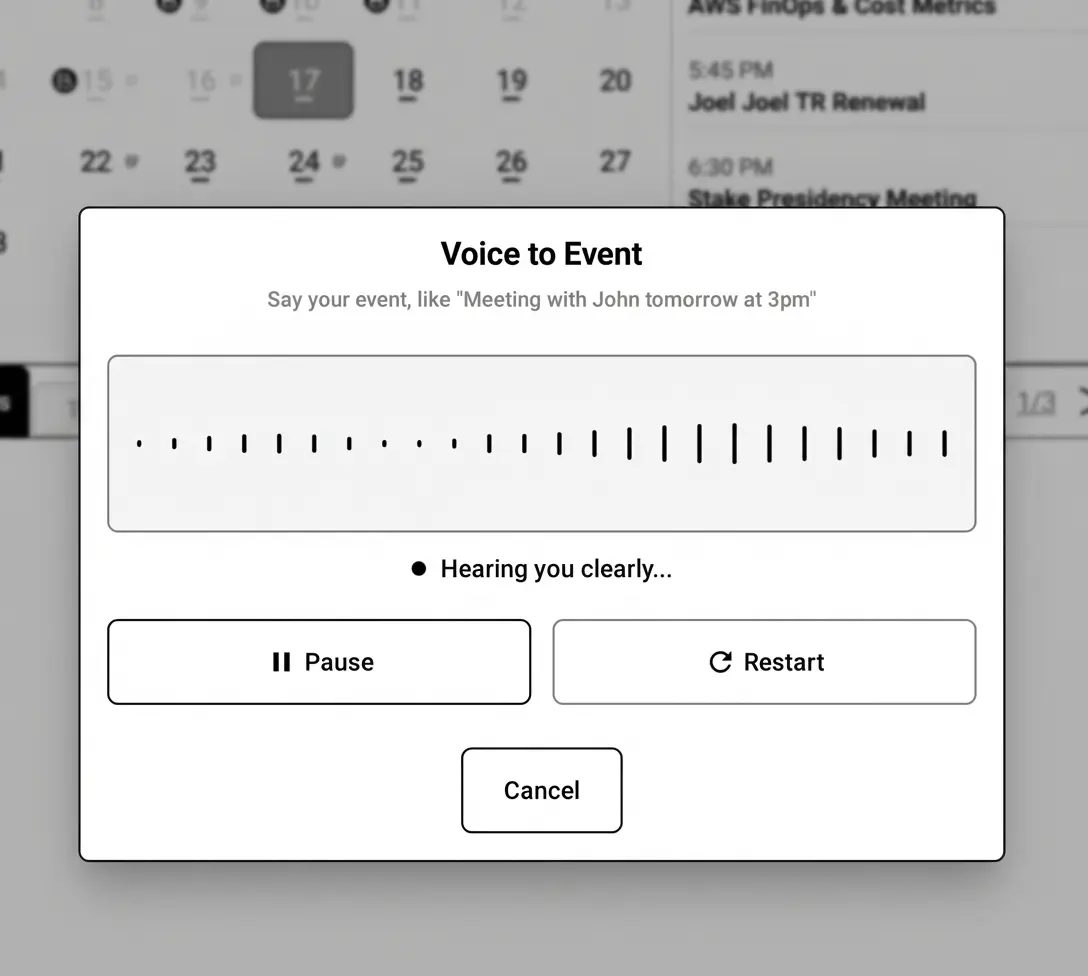 BooxDay Voice to Event dialog - speak naturally to create calendar events