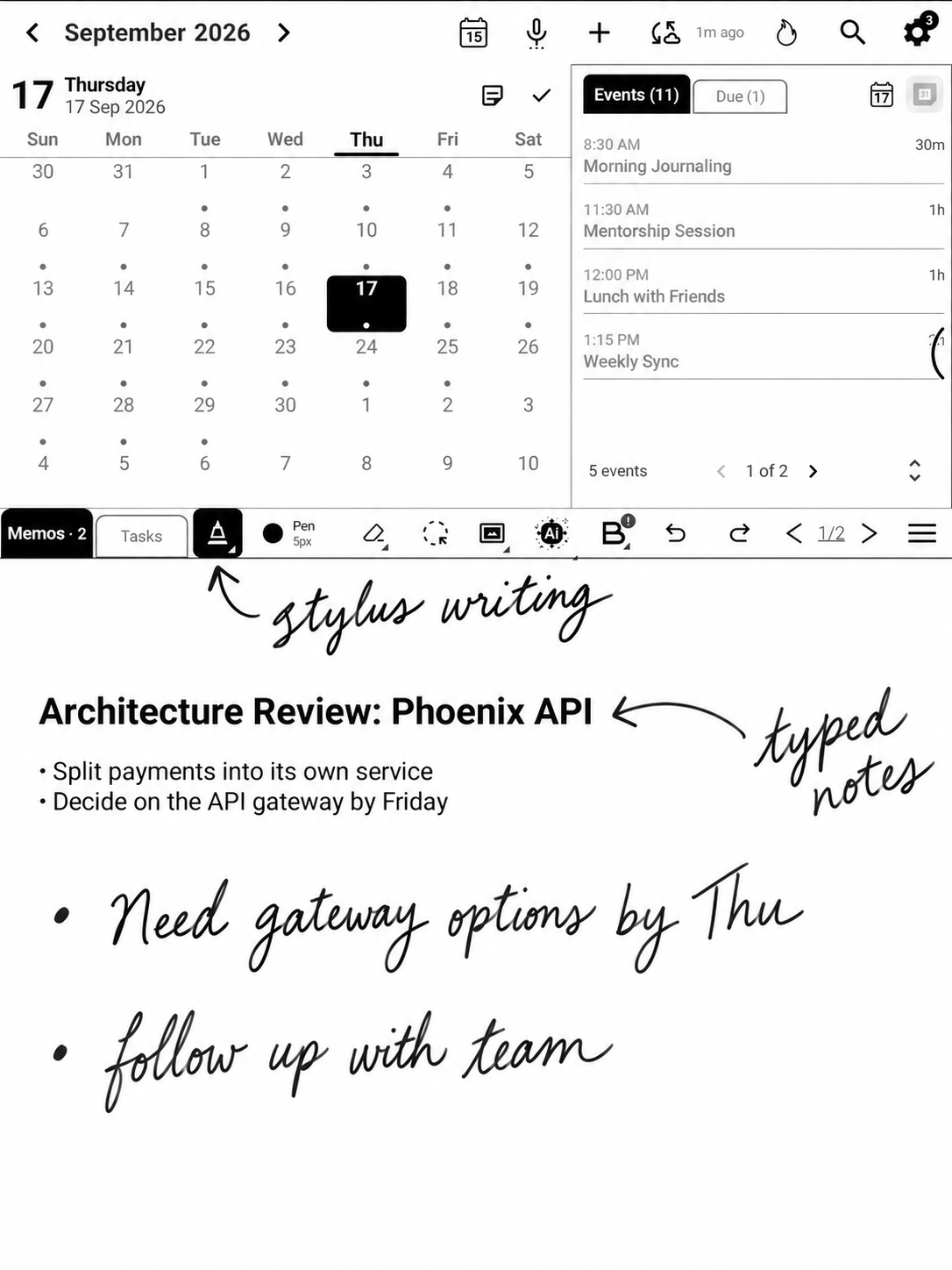 The Memos page with handwritten notes next to the month calendar