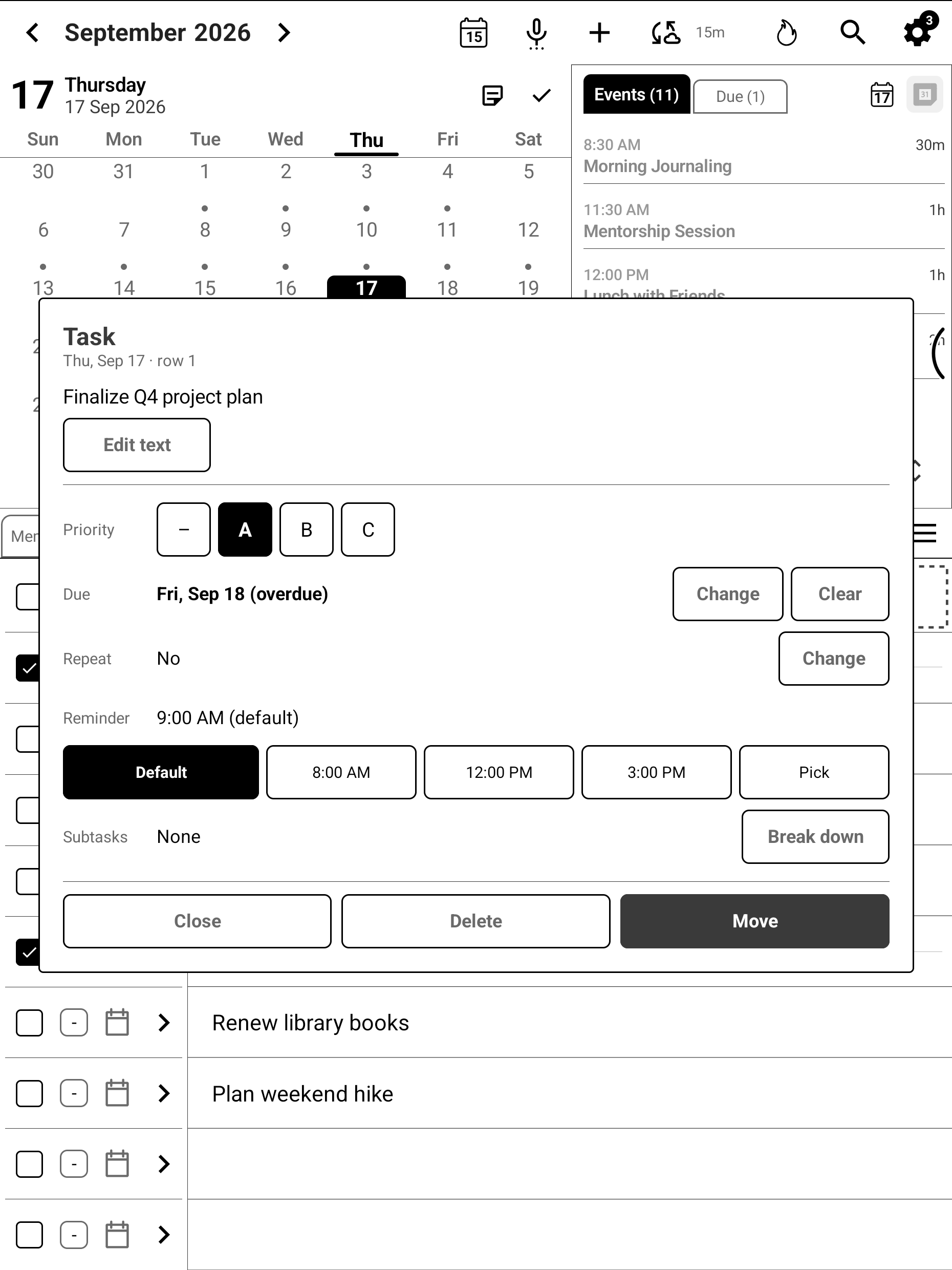 A task card showing priority, due date and notes