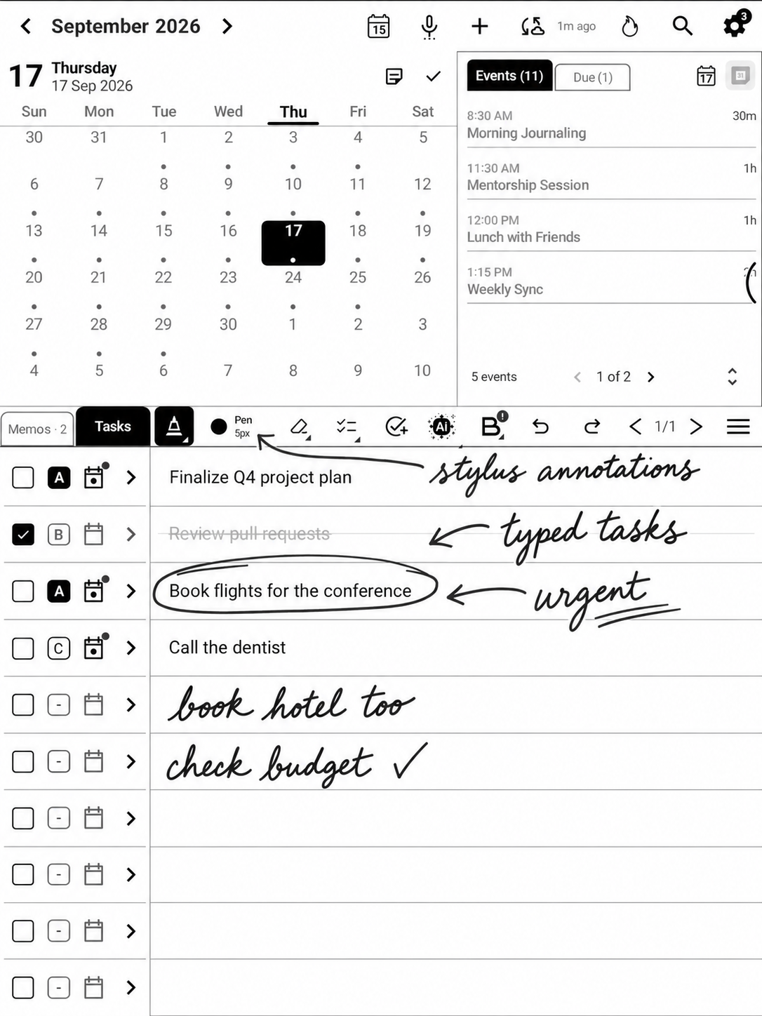 The Tasks page with a handwritten task list and checkboxes